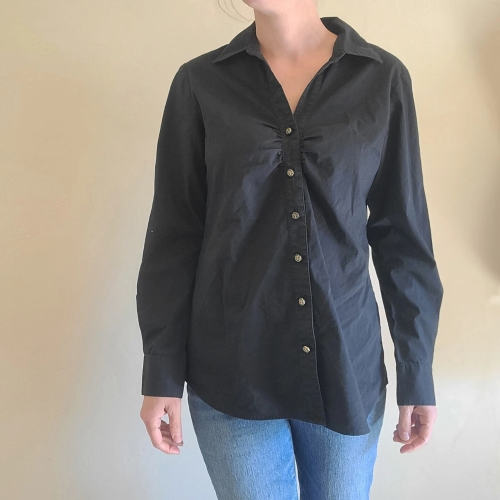Dana Buchman Size 10 Navy Blue Button Down Shirt Long Sleeve Stretch